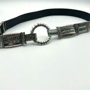 Chico’s Black Leather Stretchy Belt with Silver Chunky Hook Clasp - Size M